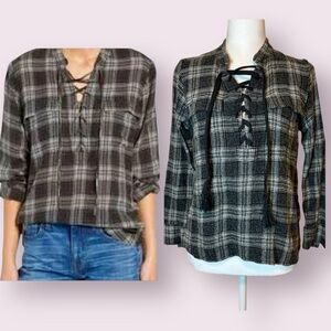 Madewell Terrace Plaid Popover Top 1/2 Lace Up Gray Green Wool Blend Size Medium